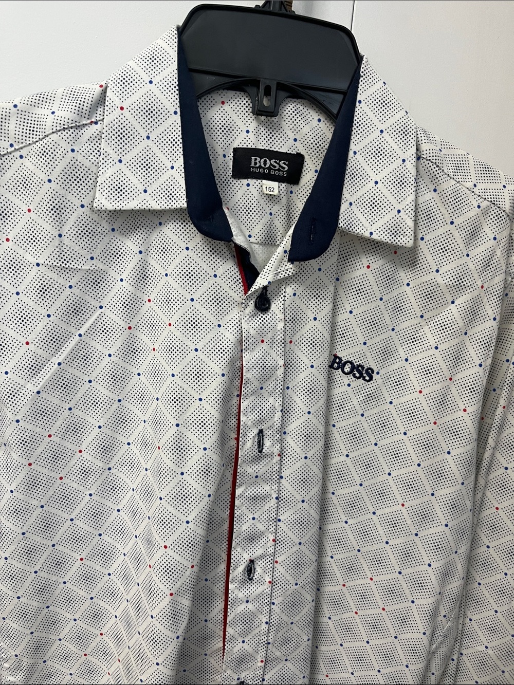 Hugo Boss White Dress Shirt with Navy Trim and Micro Dot Grid